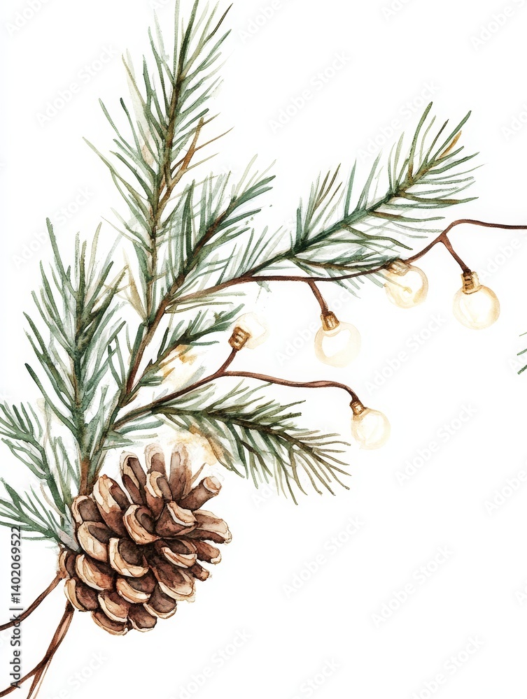 Fototapeta premium Watercolor Festive Evergreen Branch with Pinecone - Symbolizing winter, nature, holidays, warmth