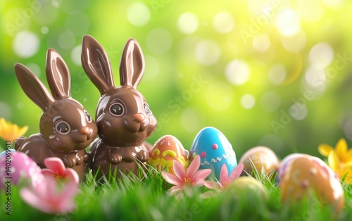 Obraz na płótnie Two chocolate bunnies sit amidst colorful Easter eggs and spring flowers in vibrant green grass. w salonie