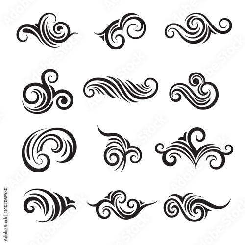 Black ornamental tribal swill tattoo design ornament set silhouette featuring symmetrical curled shapes and flowy art
