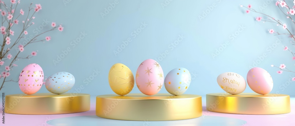 Pastel Easter Eggs Displayed On Gold Platforms