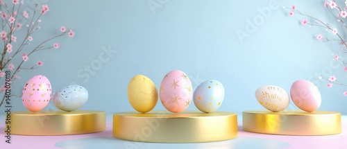 Obraz na płótnie Pastel Easter Eggs Displayed On Gold Platforms w salonie