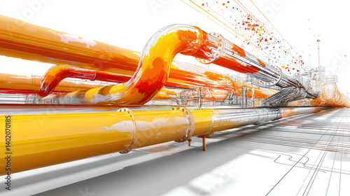 Modern natural gas pipeline with vibrant orange and yellow tones, showcasing energy flow and industrial design