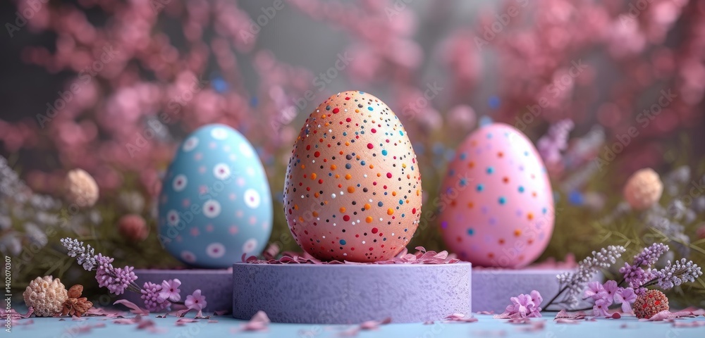 Decorated Easter Eggs Displayed With Flowers