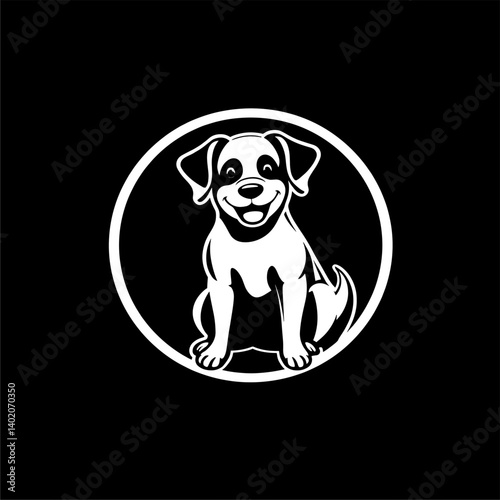 Friendly Dog Illustration: Simple White Icon on Black Background, Circular Frame.