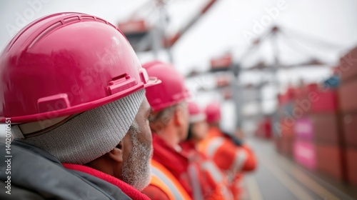 Wallpaper Mural A group of workers in pink helmets observes container loading at a port, highlighting teamwork and safety in a busy industrial environment. Torontodigital.ca