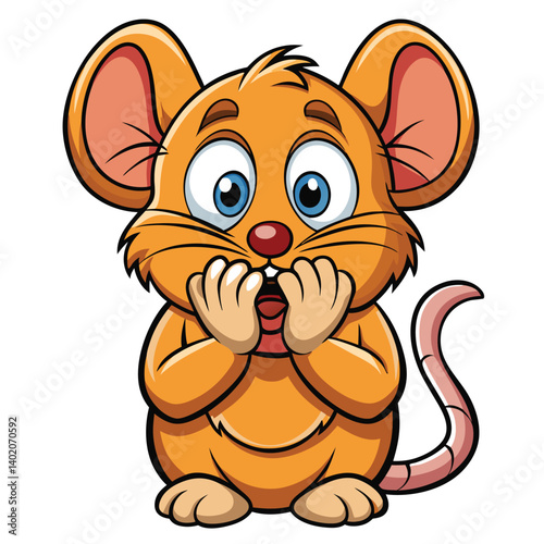 Cute cartoon mouse with wide eyes, covering its mouth in a surprised expression
