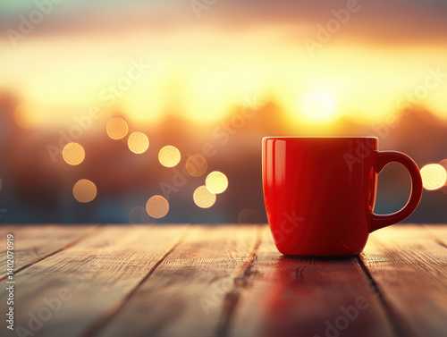 red coffee mug on wooden table with warm sunrise and bokeh lights in background