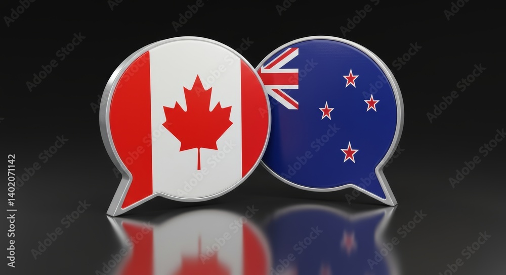 Canada and New Zealand dialogue, glossy speech bubbles, international relations Canada and New Zealand dialogue, glossy speech bubbles, international relations
