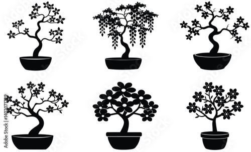Set of potted plants and bonsai trees isolated on white background