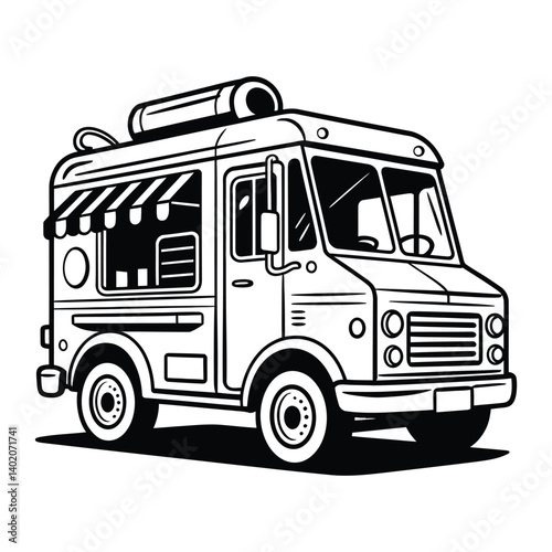 Ice Cream Truck Line Art, Silhouette, Vector, Icon, Logo, White Background.