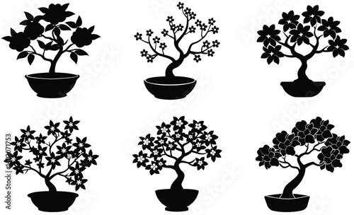 Set of various potted plants trees bonsai illustrations for gardening and decoration