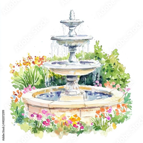 Watercolor garden fountain illustration