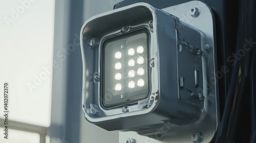 Modern LED Floodlight Mounted on a Steel Pole in Indoor Industrial Setting