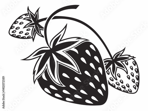 A trio of luscious strawberries, bursting with summer sweetness, depicted in a bold, graphic black and white style.