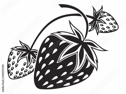 A vibrant trio of juicy strawberries freshly picked from the vine in a bold black and white graphic style.