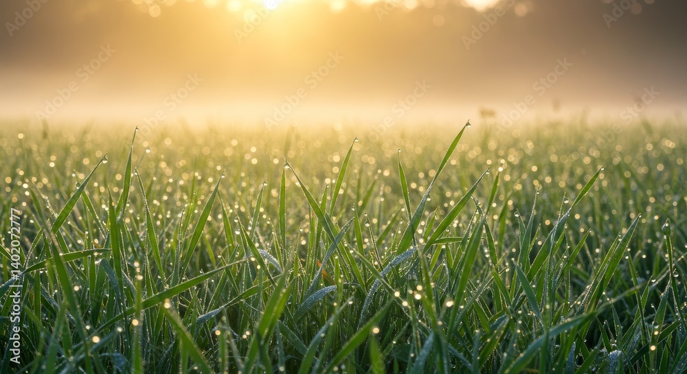 Fototapeta premium Golden Sunrise Dew-Kissed Grass - Serene sunrise, glistening dew drops on green grass, symbolizes new beginnings, freshness, purity, nature's beauty, tranquility