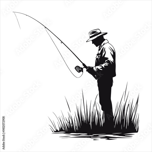 A silhouette vector of a person fishing