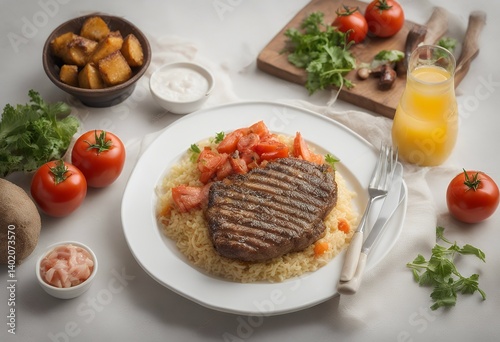 para arroz grelhada tipica feijao comida brasileira fritas bife fundo batatas recorte tomate carne com alface em salada branco tomatoes fish porterhouse french pork meat fries dish culinary potato photo