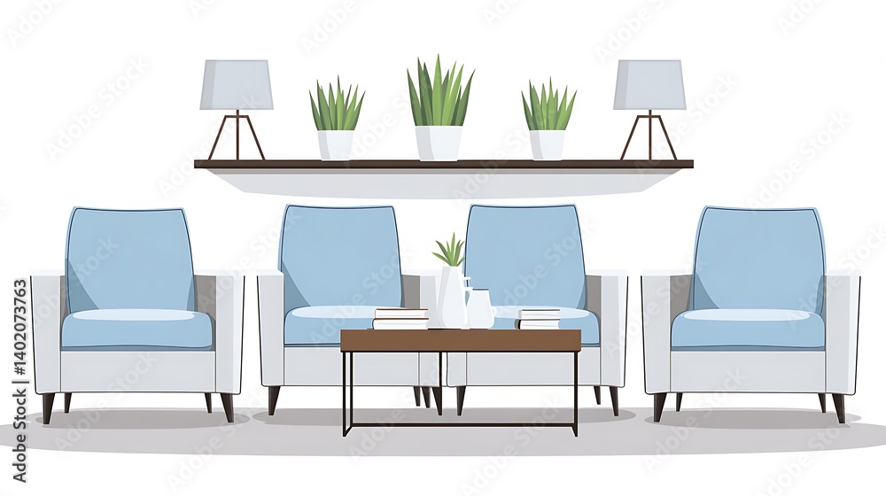 A light-blue and gray waiting area with a wooden shelf. A light-blue and gray waiting area with a wooden shelf.