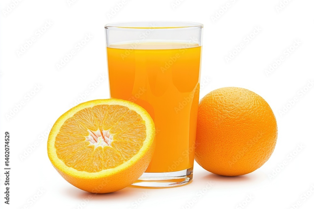 Fresh Orange Juice with Whole and Half Orange on the white background