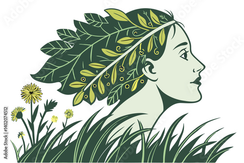 47 Nature face, floral portrait, green foliage creature, botanical art, wildflower collage, leaf monster, eco-friendly mascot, organic textures, biodiversity illustration, dandelion eyes, grass hair, 
