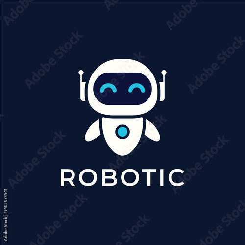 A friendly robot character logo with blue accents and a smiling face. Simple, minimalist design perfect for technology, robotics, AI, and futuristic brand identities.