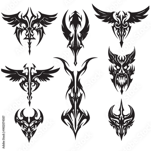 Curvy and decorative swill tattoo design ornament set silhouette collection with black ink spiral shapes for tribal vector tattoo projects
