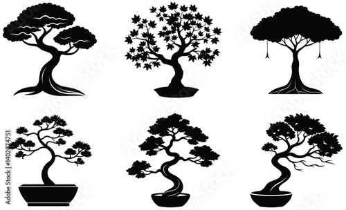 Set of bonsai silhouette icons with nature and vintage elements including pain, maple, rain, Ficus, banyan and juniper  
