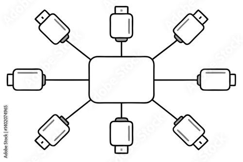 usb hub line art illustration of minimal computer accessory drawing