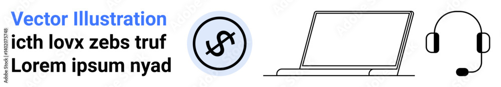 Laptop with open screen, headset, and circular dollar sign icon. Ideal for business, finance, communication, tech support, remote work, education marketing simple landing page Laptop with open screen, headset, and circular dollar sign icon. Ideal for business, finance, communication, tech support, remote work, education marketing simple landing page