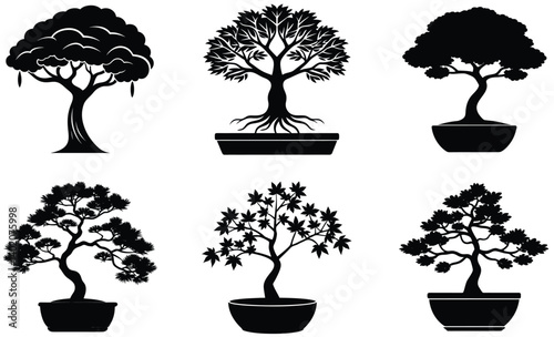 Set of bonsai silhouette icons with nature and vintage elements including pain, maple, rain, Ficus, banyan and juniper  