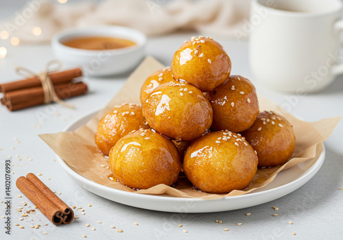 Small pile of golden loukoumades drizzled with honey, cinnamon and sesame seeds on white bowl.