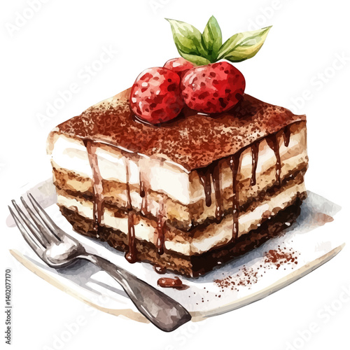 Rich Tiramisu Dessert, vector watercolor illustration, isolated on a white background.