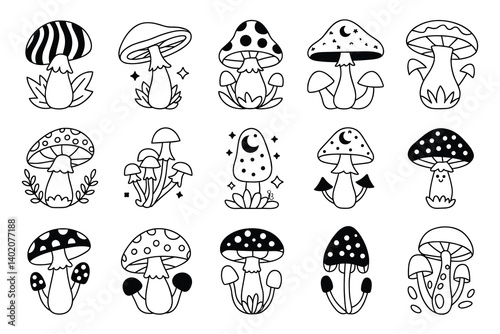 Collection of cute mushroom illustrations in black and white
