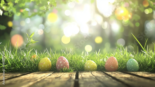 A closeup of Easter eggs on green grass with golden and colorful decorations for a spring holiday celebration photo