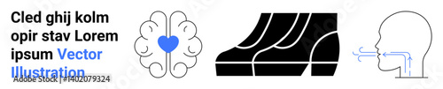 Brain with heart for cognitive focus, shoe soles for motion dynamics, face exhaling to illustrate respiration. Ideal for health, wellness, education, mindfulness, fitness, anatomy flat landing page