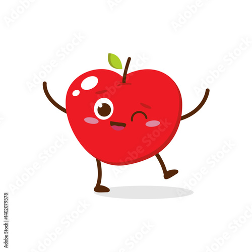 Cute red apple cartoon character with winking eye, showing a Excited pose. Perfect for kids illustrations, healthy food designs, or educational materials. Isolated on white background with soft shadow