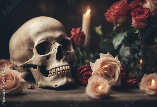 photography human life still roses skull anatomy death evil background dead biology face old halloween concept abstract rose skeleton love danger vintage art symbol valentine black head bone forever