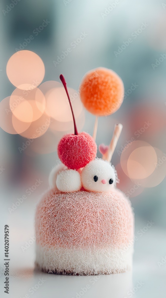 Obraz premium Pastel Pink Birthday Cake with Cute Bunny Decoration Macro Shot