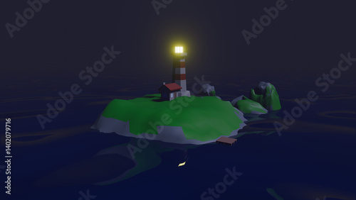 3D rendering of a lighthouse on an island at night with some mist and moonlight. Imagen 3D de un faro en una isla en la noche con un poco de niebla y luz de luna