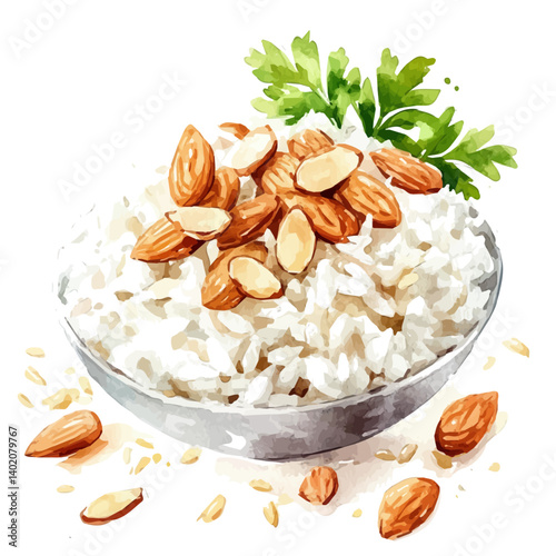 Rice Pilaf With Toasted Almonds, watercolor vector, isolated on a white background.