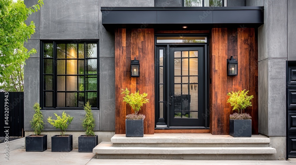 A sophisticated front entrance of a modern Canadian home featuring a sleek glass door with dark cherry wood accents framed by black steel A sophisticated front entrance of a modern Canadian home featuring a sleek glass door with dark cherry wood accents framed by black steel