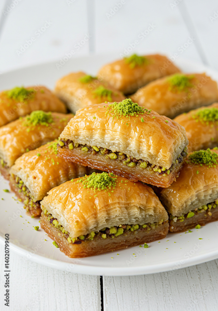 Traditional baklava with crushed pistachios and honey syrup, served on a white plate. Golden crispy layers of filo dough. Middle Eastern dessert in close-up food photography. Traditional baklava with crushed pistachios and honey syrup, served on a white plate. Golden crispy layers of filo dough. Middle Eastern dessert in close-up food photography.