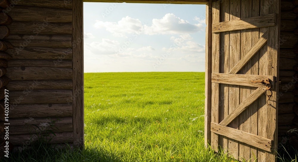 Fototapeta premium Open Door to Green Field - A rustic wooden door opens to reveal a vibrant green field under a bright sky