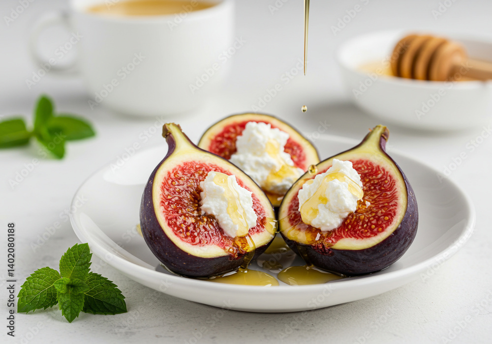 Fresh halved figs topped with creamy ricotta cheese and honey on white dish.