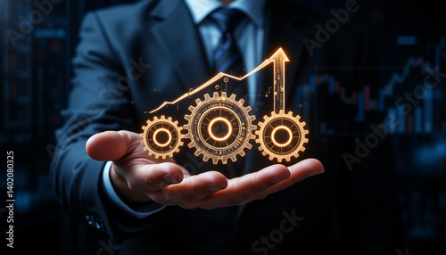 A business professional holding a glowing digital interface, featuring three illuminated gears