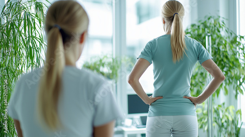 Woman practicing postural alignment exercises with a therapist, correcting spinal issues and improving flexibility