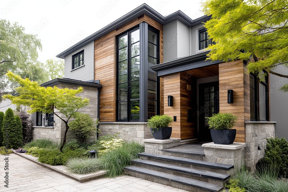 A sophisticated house with pale gray walls and warm oak wood cladding, with a front entrance framed by elegant black glass windows A sophisticated house with pale gray walls and warm oak wood cladding, with a front entrance framed by elegant black glass windows