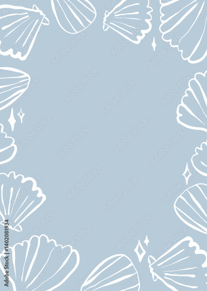 Hand-drawn marine frame with shells and starfish. White vector doodle on light blue background Hand-drawn marine frame with shells and starfish. White vector doodle on light blue background
