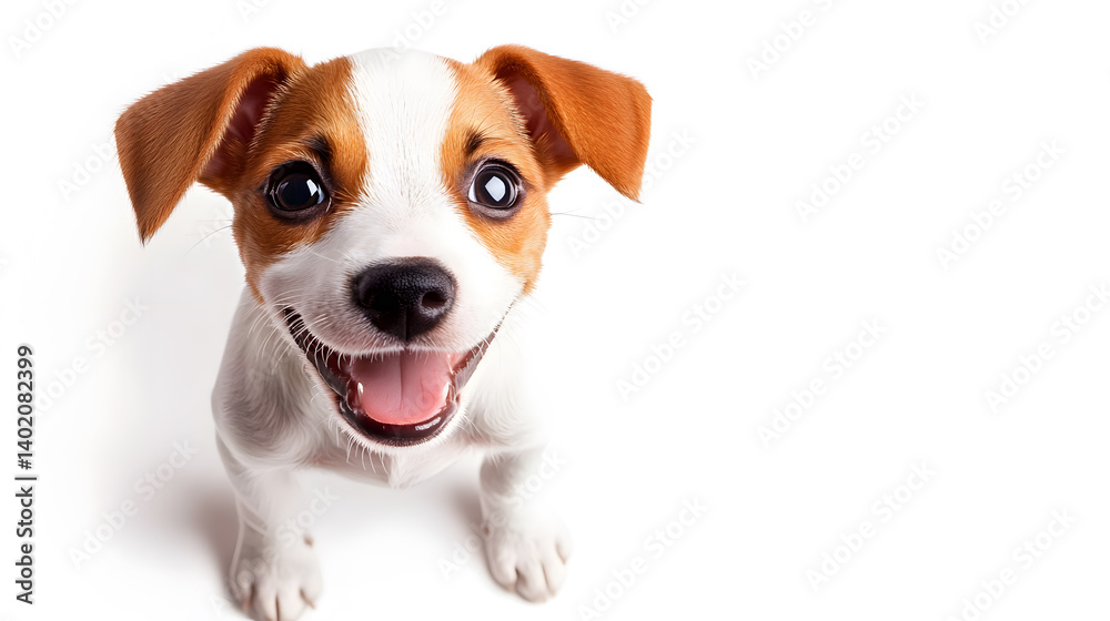 Jack Russell Terrier puppy with happy expression sits against white background Jack Russell Terrier puppy with happy expression sits against white background